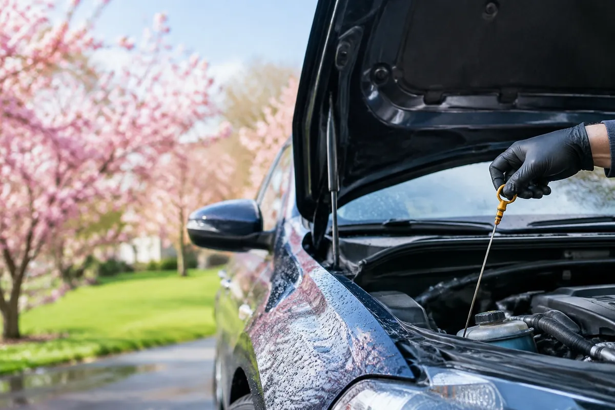 A gloved hand checking the oil dipstick under an open hood, with trees in bloom behind