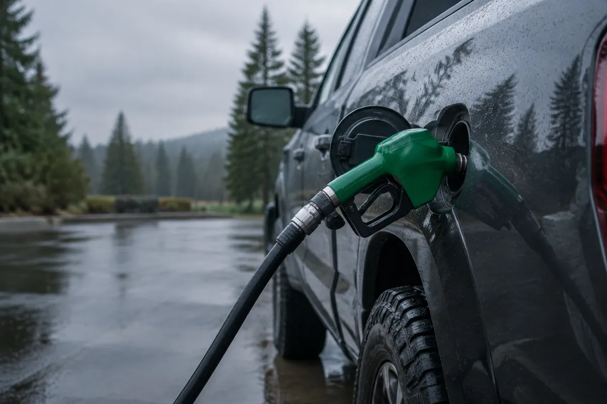A green diesel nozzle in a truck's fuel filler on a rainy day