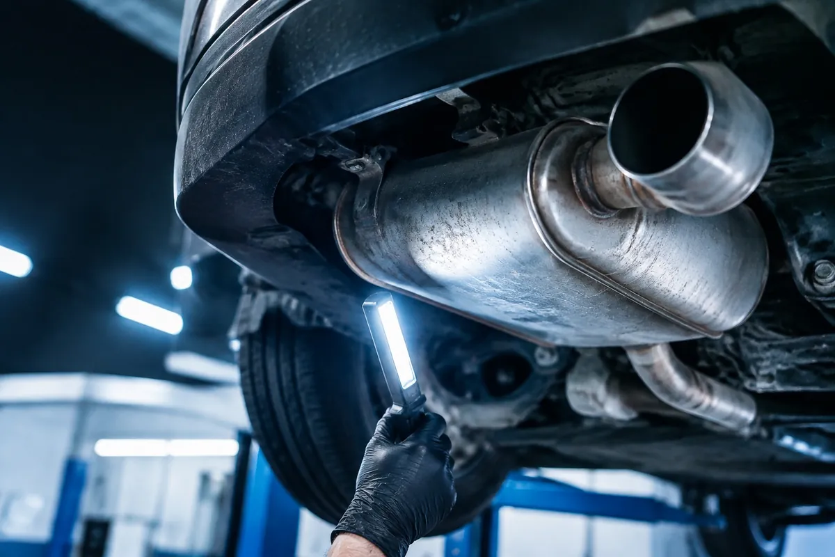 A technician shining a work light on a muffler and exhaust pipe from under a car