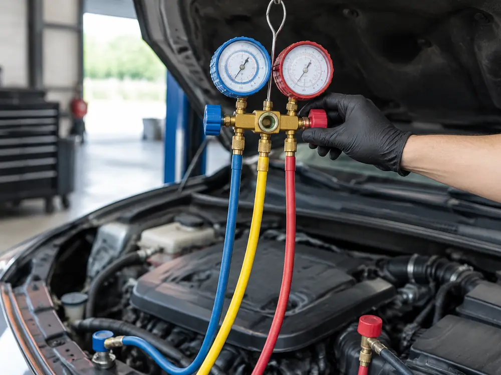 A/C gauges with blue, yellow and red hoses connected under the open hood of a car