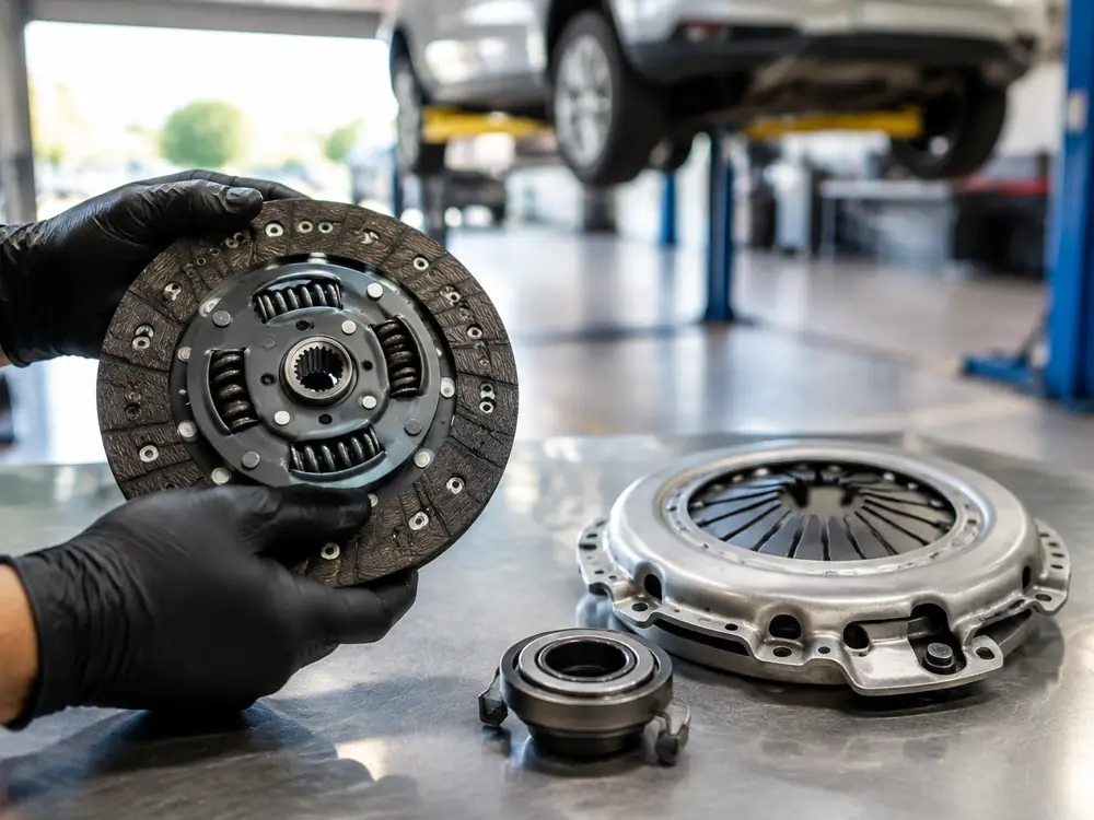 Gloved hands holding a clutch disc at a workbench, next to a pressure plate and release bearing
