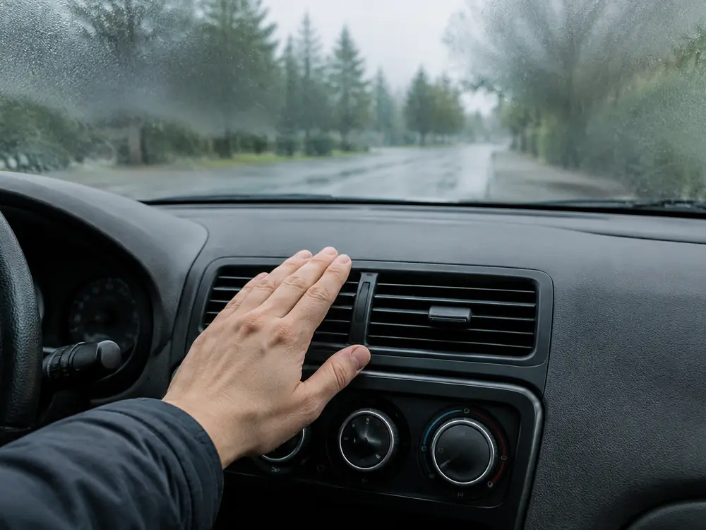 A hand held up to the dash vents of a car on a rainy day